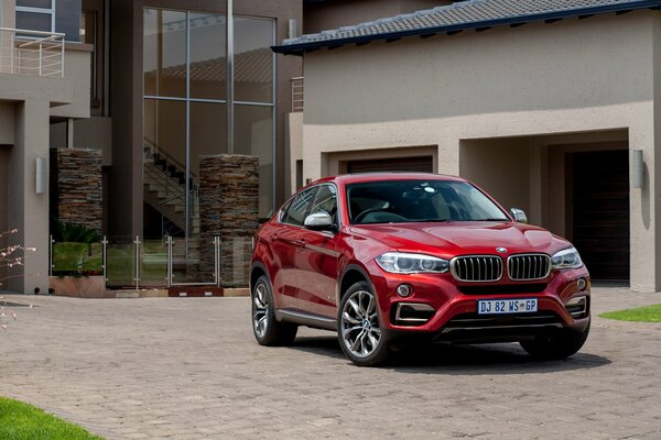 Debout près du garage rouge bmw avec des numéros de Guadeloupe