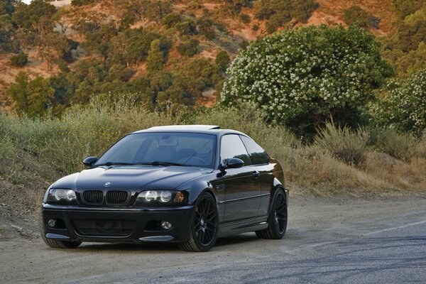 Schwarzer bmw m3 im Hintergrund der Natur