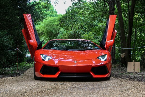 Pomarańczowo-czerwony Lamborghini Aventador z otwartymi drzwiami