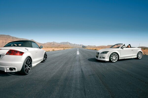 Deux cabriolets blancs debout sur la route