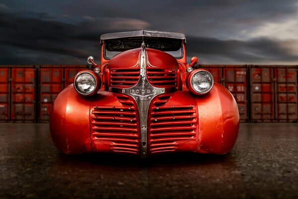 Red retro pickup truck front view