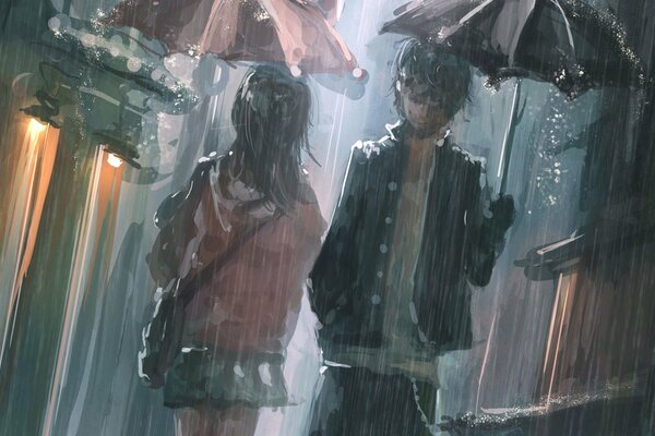 Walking under an umbrella in the pouring rain