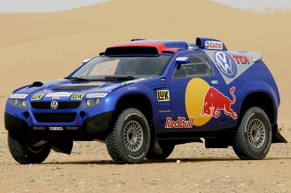 SUV blu con Toro a bordo nel deserto