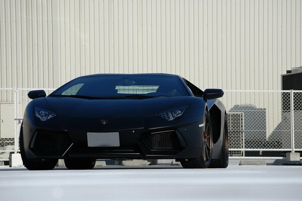Ein atemberaubendes schwarzes, mattes Lamborghini-Auto, auf einem weißen Wandhintergrund