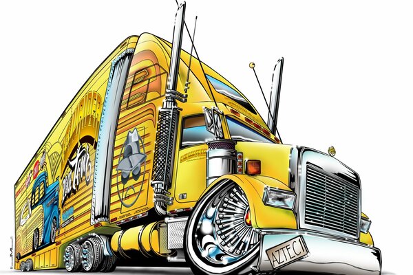 Arte del camion giallo brillante su sfondo bianco