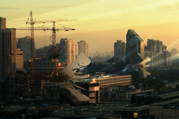 Construction cranes at Moscow skyscrapers