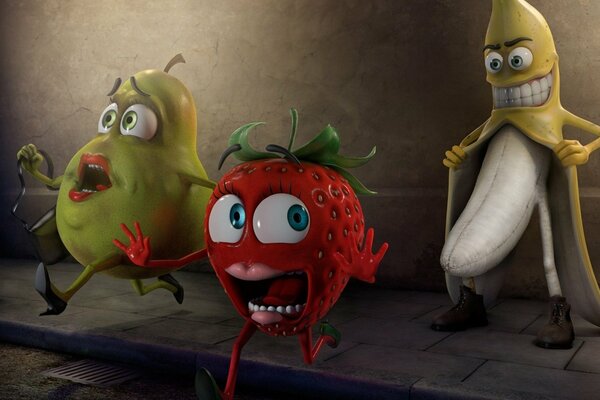 Funny, banana scares strawberries and pears