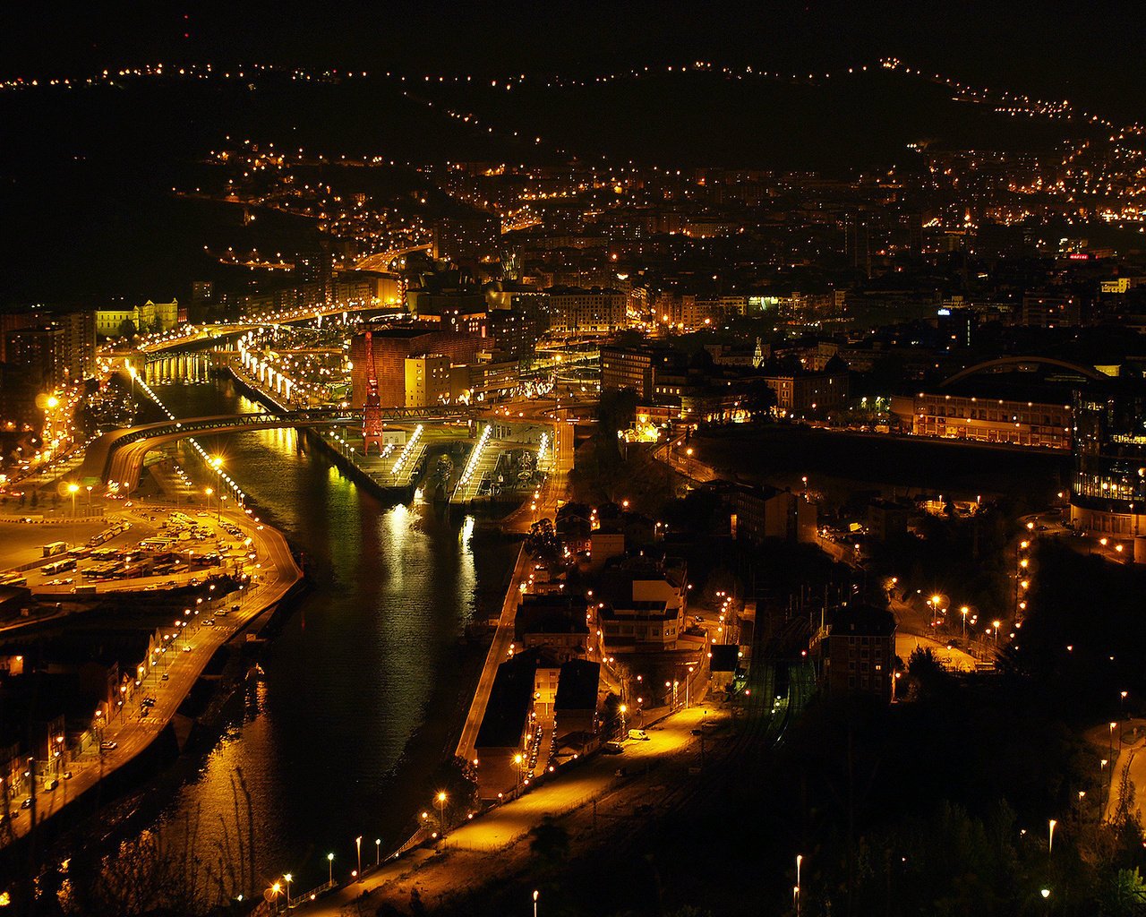 bilbao panorama miasto noc światła hiszpania rzeka światło most widok piękno światła miast