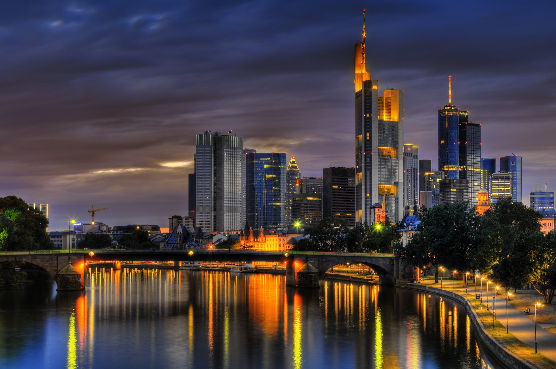 fire sky frankfurt am main dawn summer germany night lights skyscrapers metropolis embankment river reflection trees lanterns clouds water cities night sky