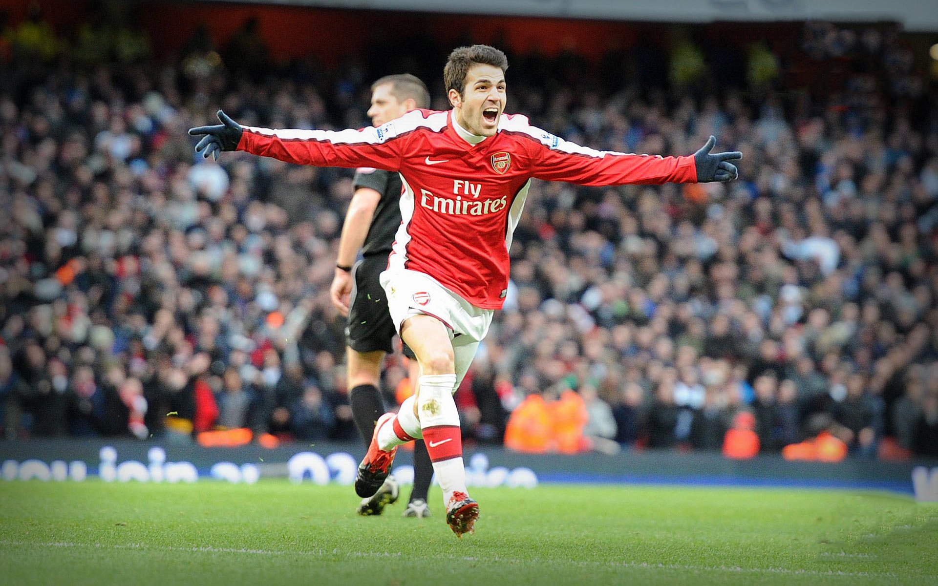 premier league arsenal fabregas footballeur jeu stade football joie émotion fans pelouse match duel but uniforme rouge