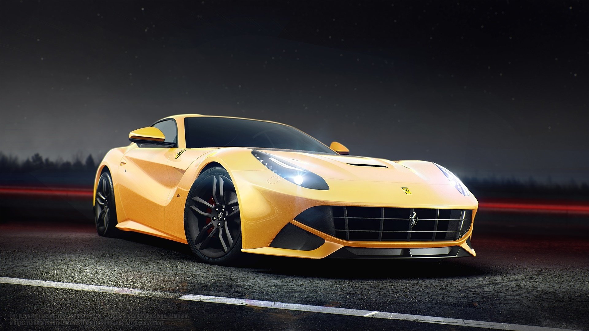 ferrari f12 berlinetta przód żółty nigth jasny droga