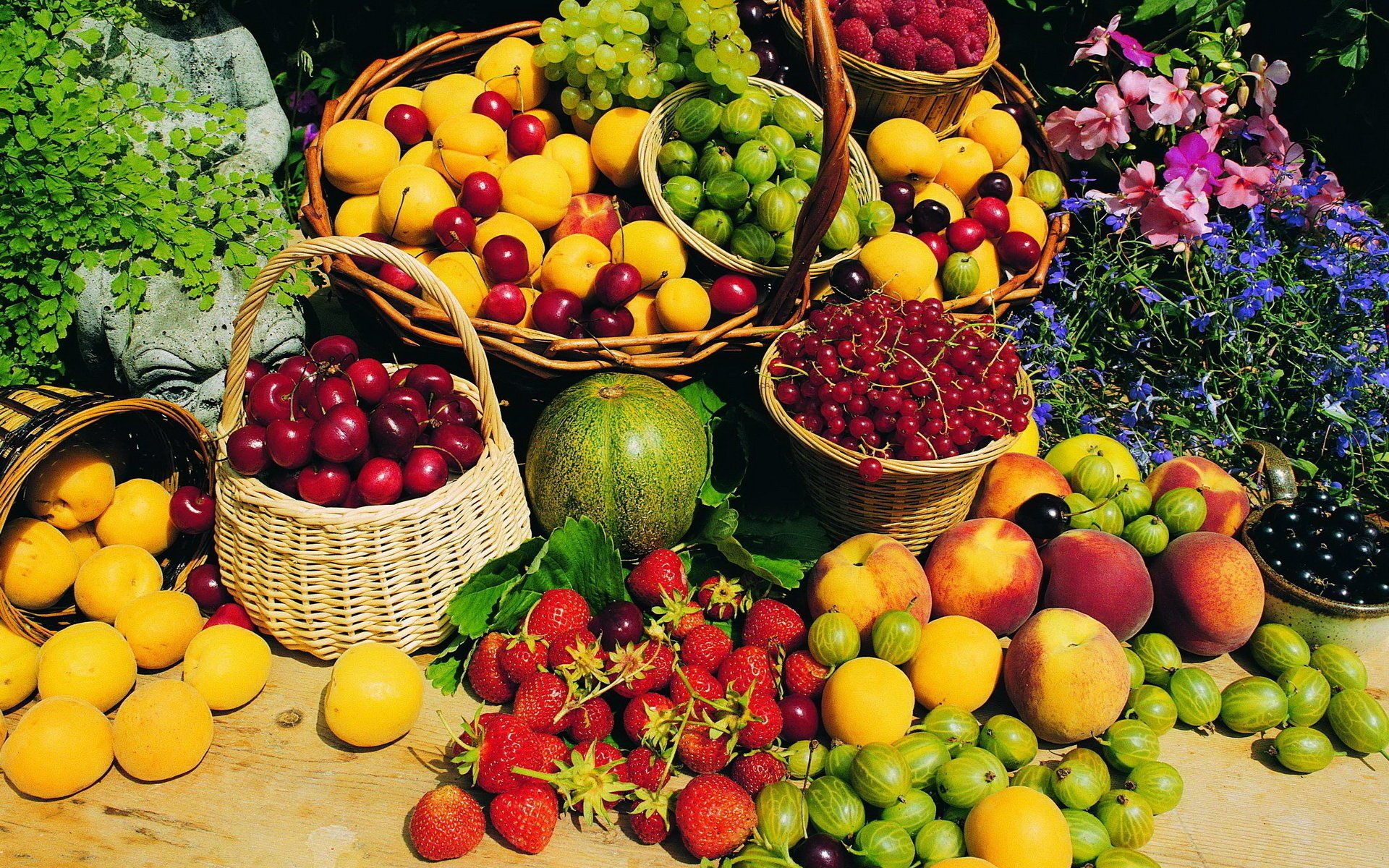 flores bayas frutas fresas grosellas grosellas albaricoques cerezas melocotones frambuesas cesta verduras verano melón mesa frutas