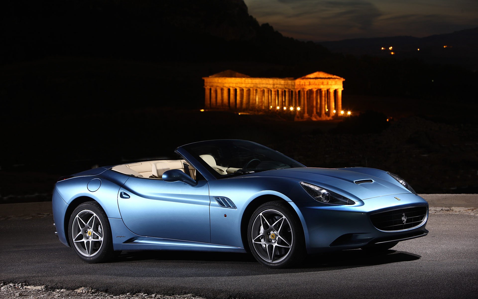 ferrari california coche convertible noche vista lateral azul coche deportivo auto