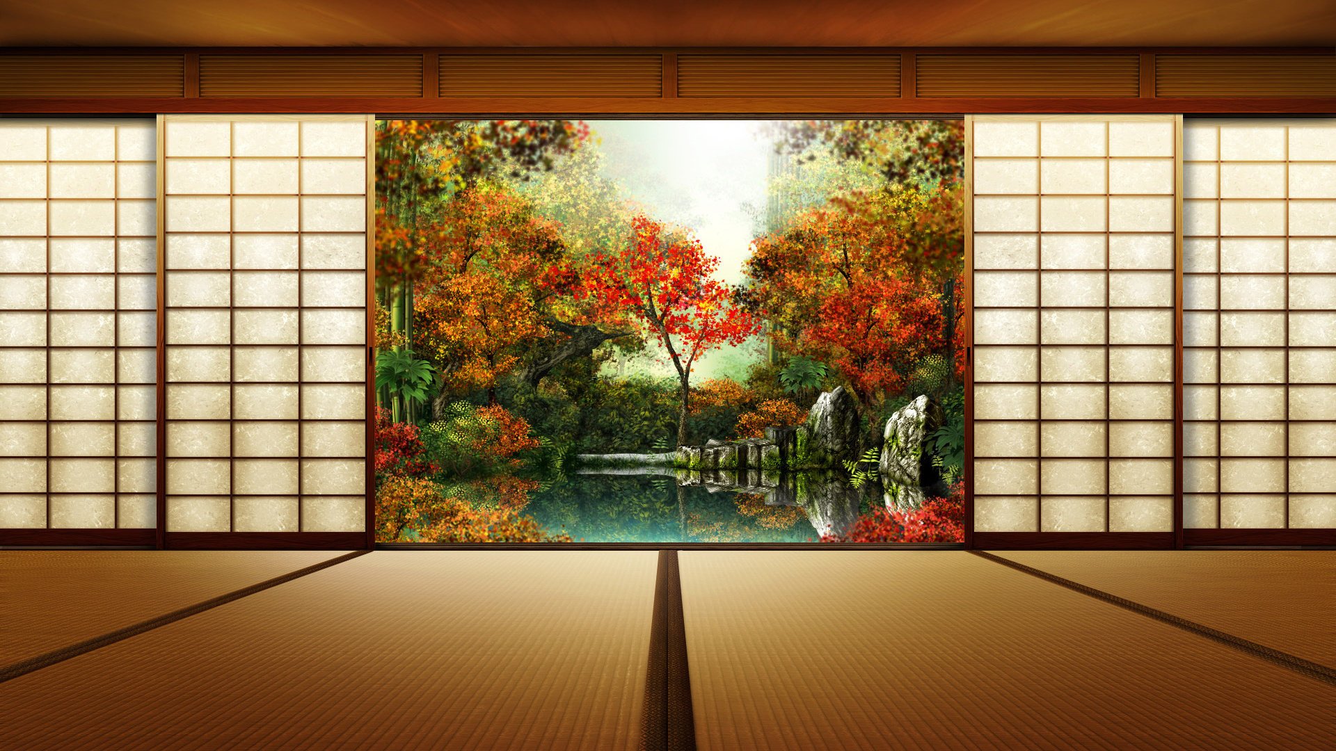 feng shui zen design interior asia room autumn pond leaves wallpaper