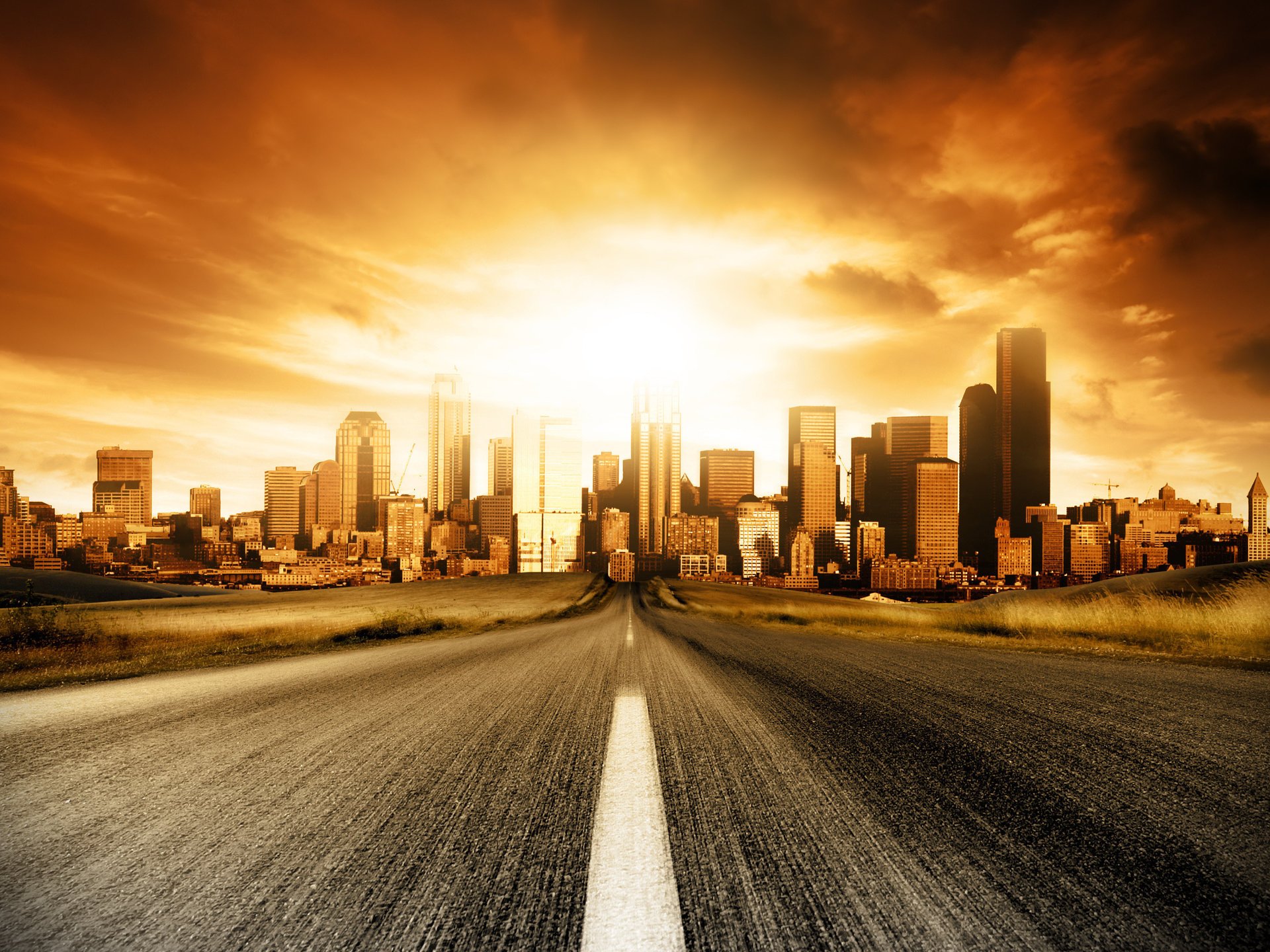 straße geschwindigkeit sonnenuntergang stadt warmer hintergrund sonne himmel wolken wolkenkratzer abend ruhe asphalt markup