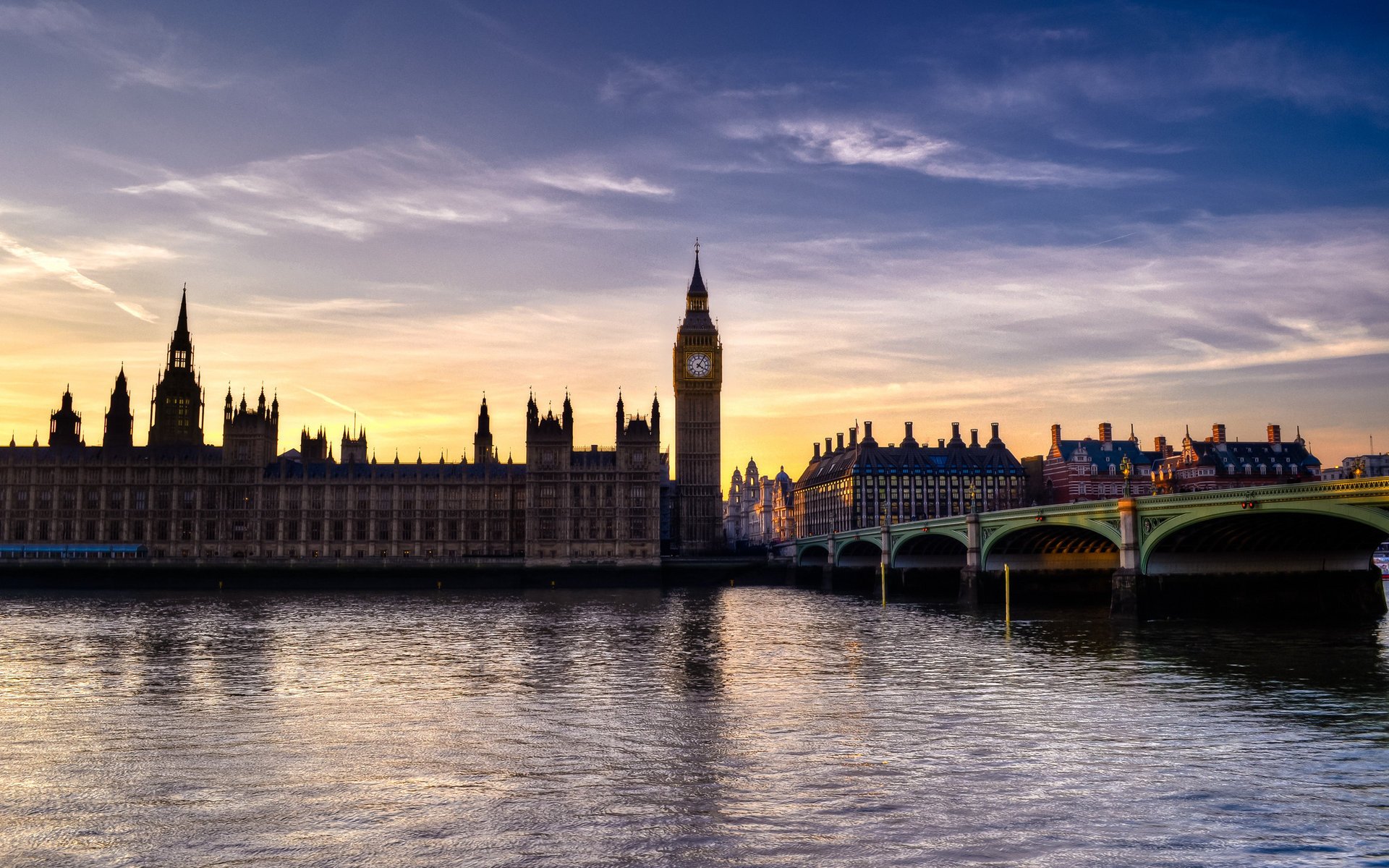 londres big ben londres pont photo eau rivière coucher de soleil ciel nuages villes nuit ponts soir