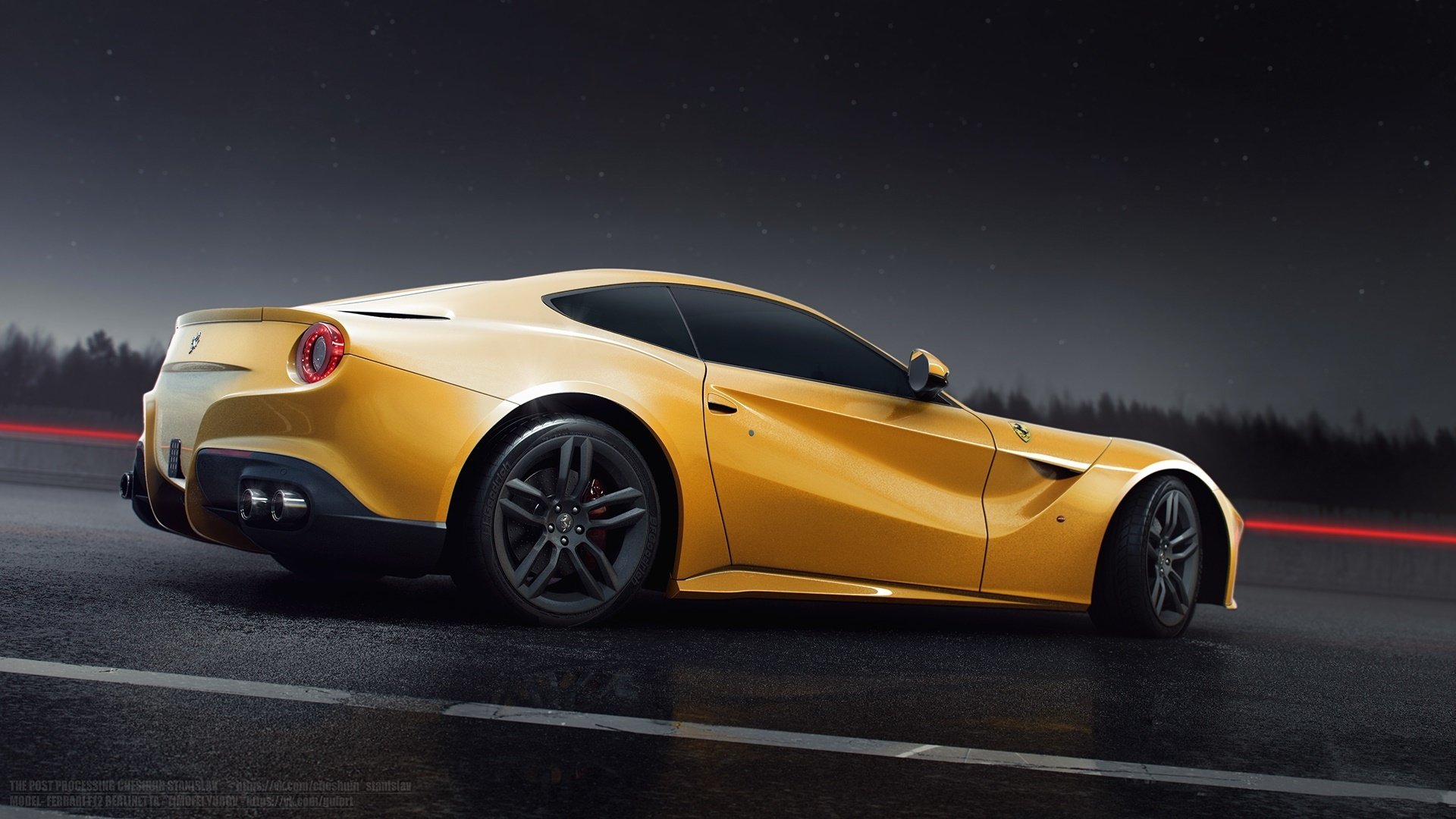 ferrari f12 berlinetta arrière jaune soleil nigth route pluie