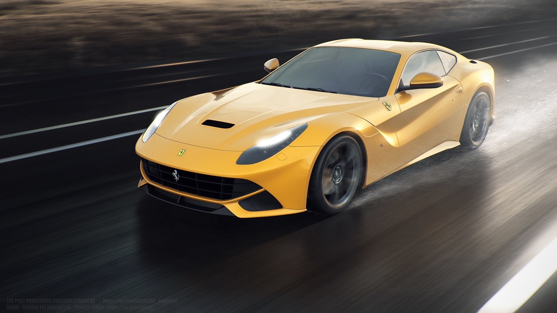 ferrari f12 berlinetta anteriore giallo sole velocità strada pioggia