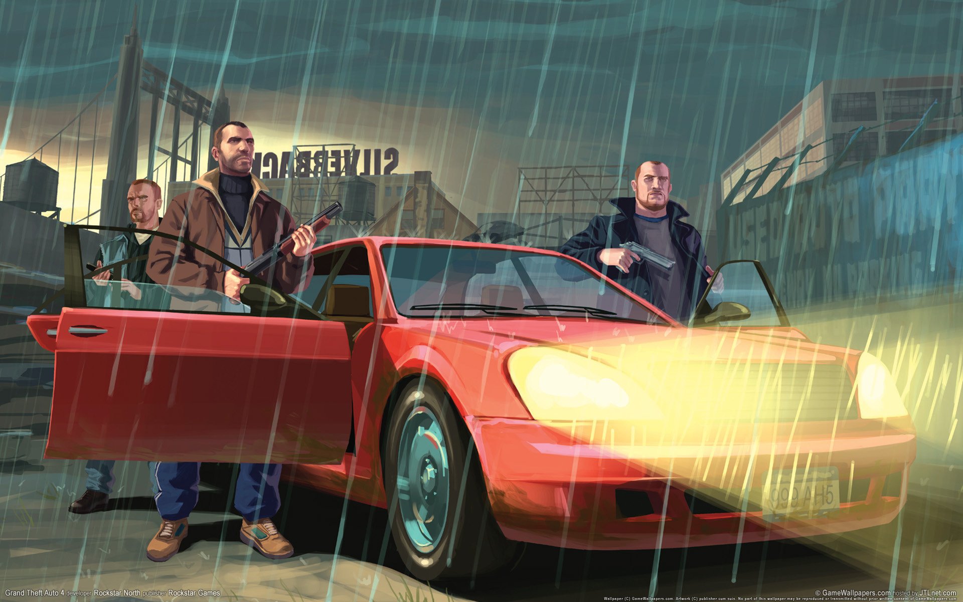 demontage niko bellic gta iv jungs auto rotes auto regen waffen gang baustelle scheinwerfer licht zeichnungen autos autos transport maschinen anime kraftfahrzeuge