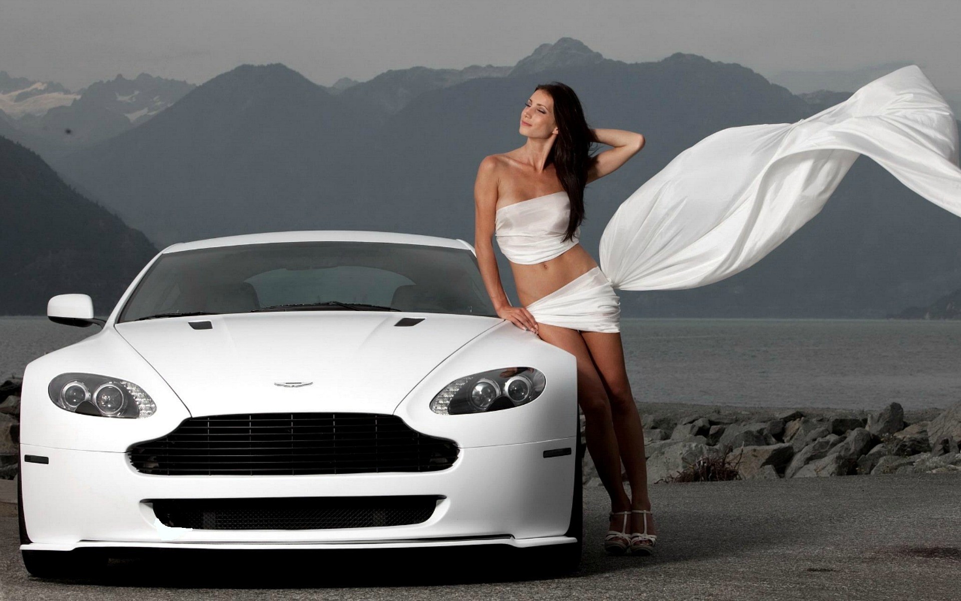 brunette model aston martin car