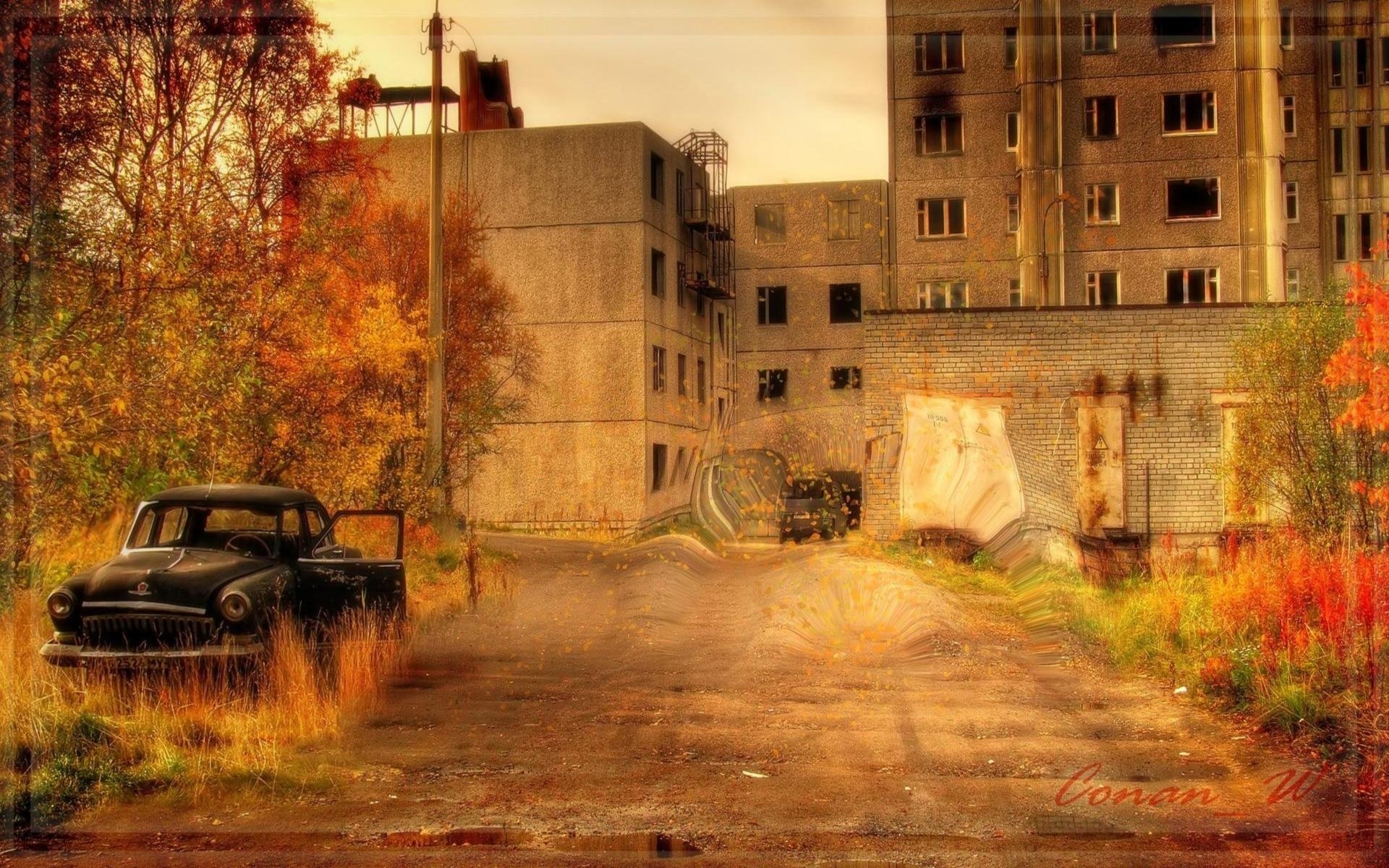 pripyat ciudad fantasma desierto otoño ciudad auto volga casas carretera borrosidad pilar gris dibujos anime