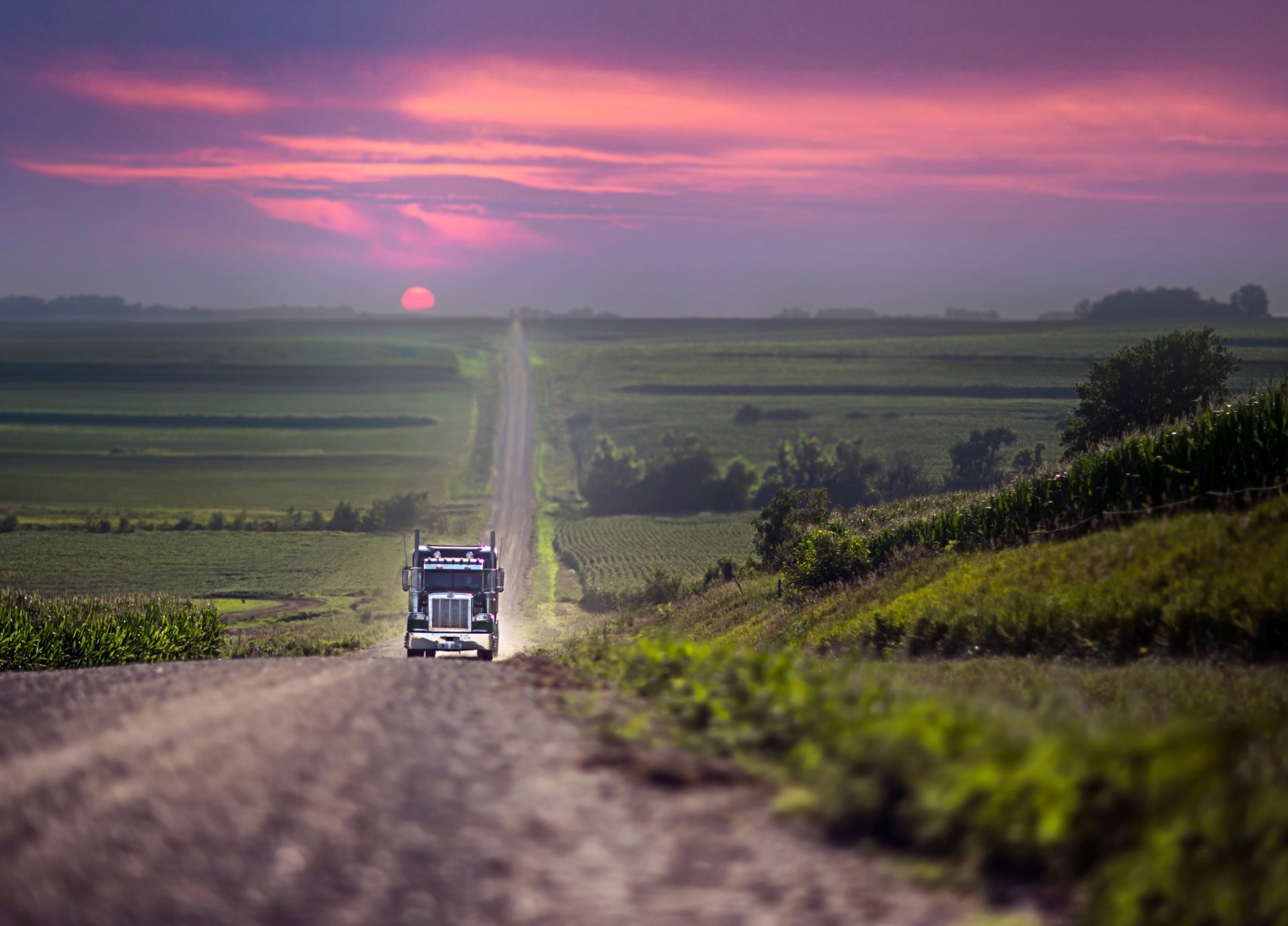 truck road sun sunset