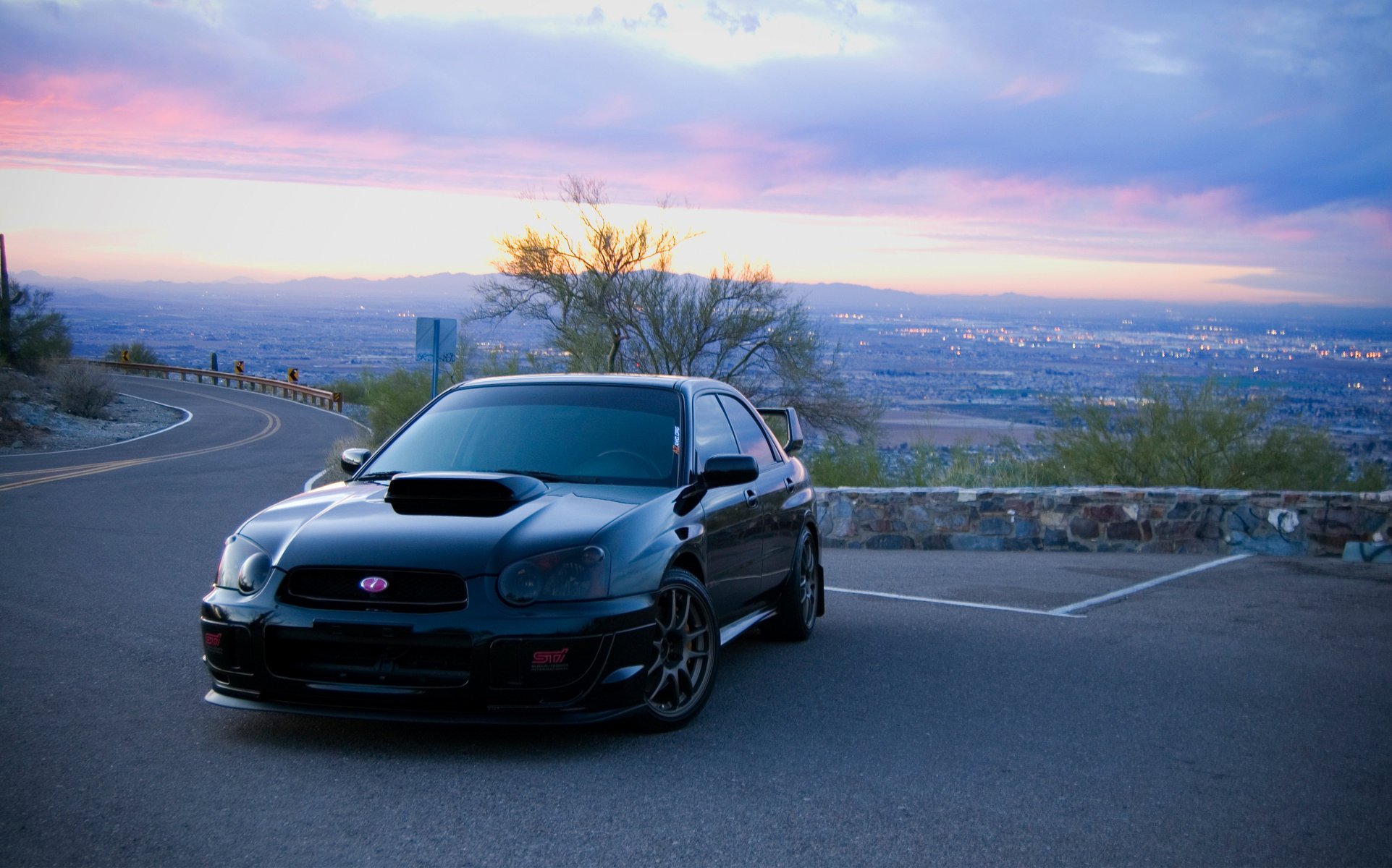 ubaru subaru panorama tuning morning auto dawn black car road fence tree clouds city passenger cars transport motor transport