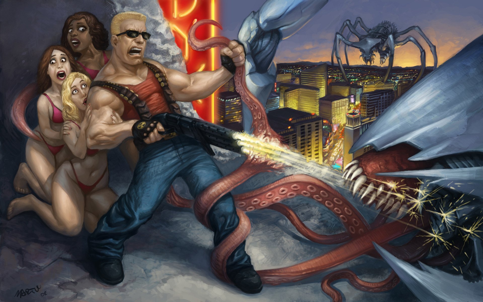 disegnato duca saviour duke nukem disegno per sempre spider octopus ragazze città ragno polpo ragazze paura orrore denti lotta tetti ragazzo occhiali mostro