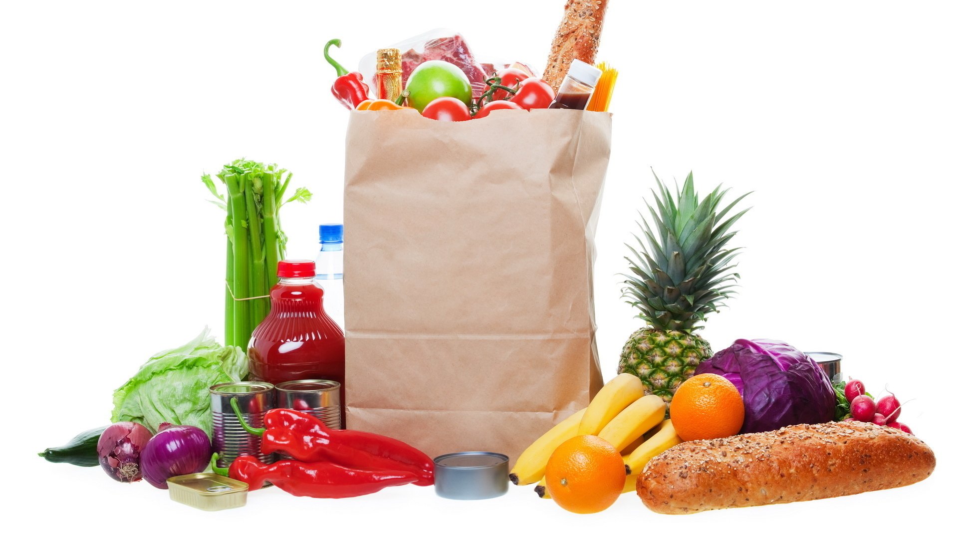 canned food stew food package picnic background products fruits vegetables pineapple bananas bread oranges cabbage onion pepper juice water seasonings assorted fruit