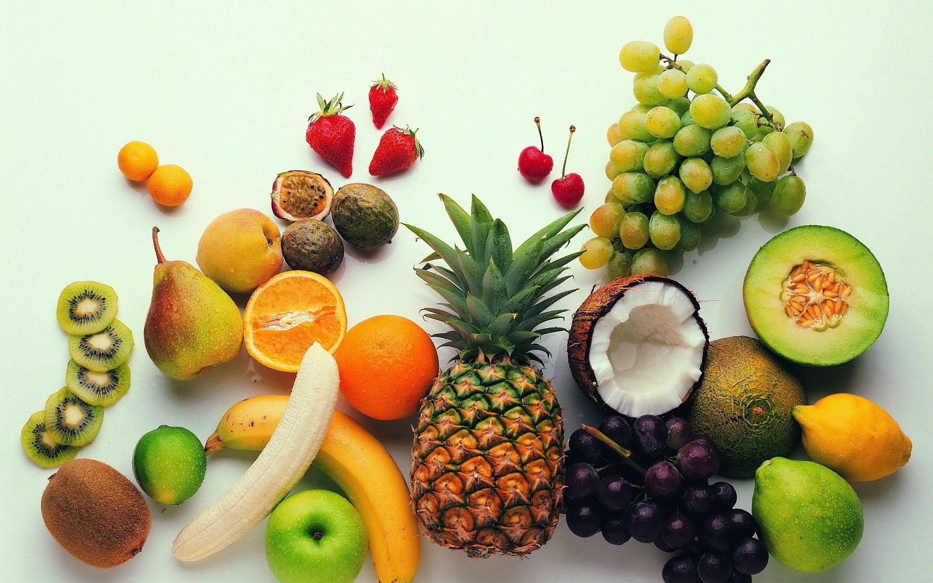 fruits background pineapple grapes assorted banana kiwi lemon lime coconut strawberry fig berries orange citrus pear melon apricot apple peach fruit