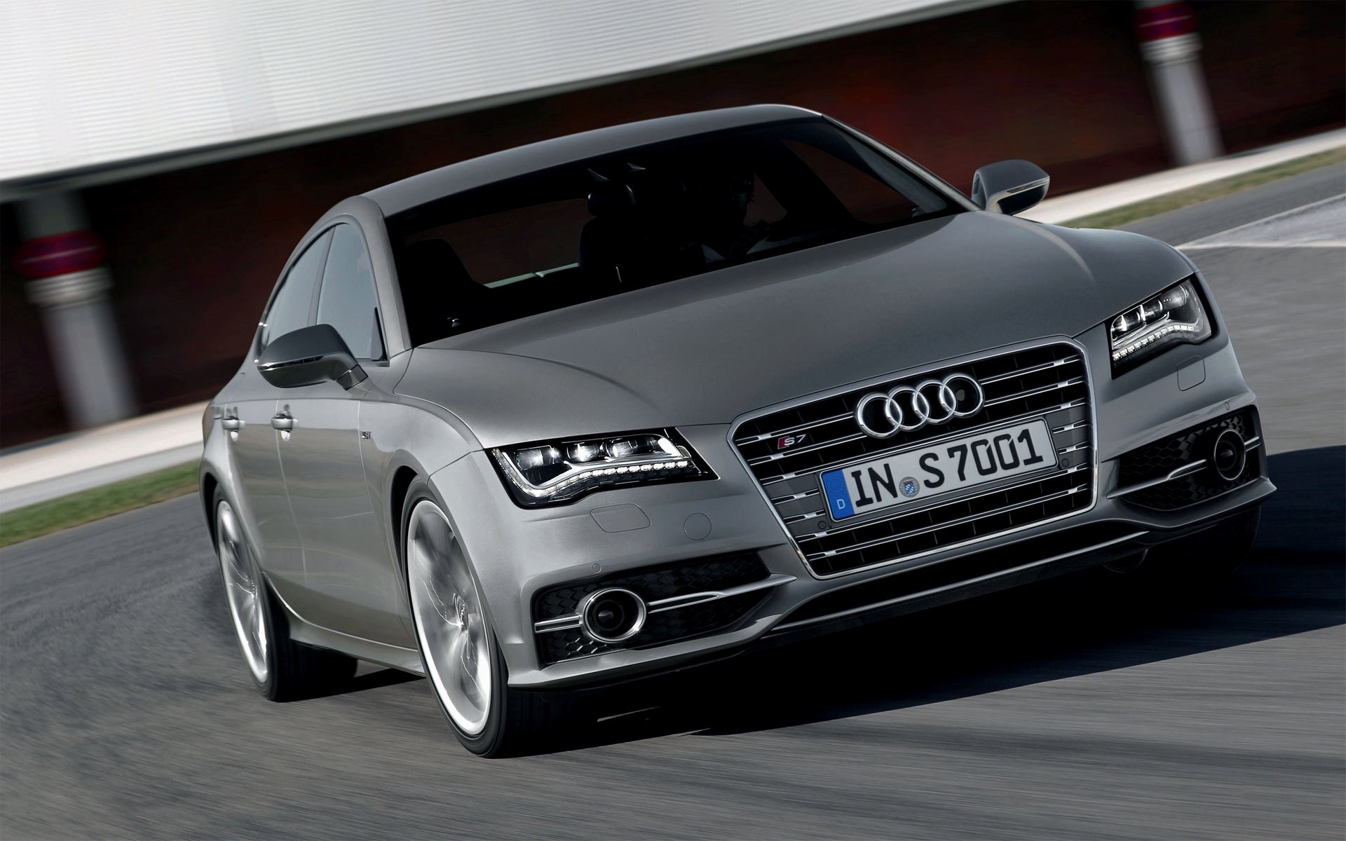 audi s7 coche gris frente faros capó en movimiento logotipo sedán