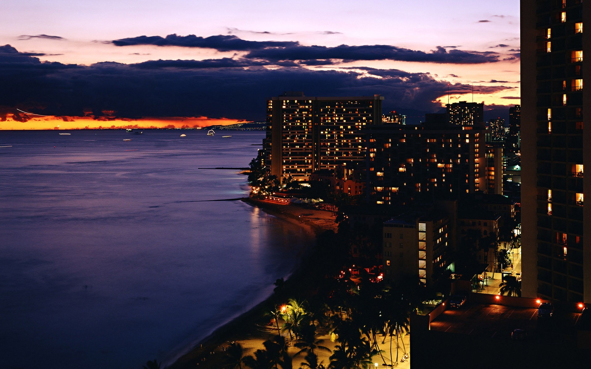 night buildings beach light