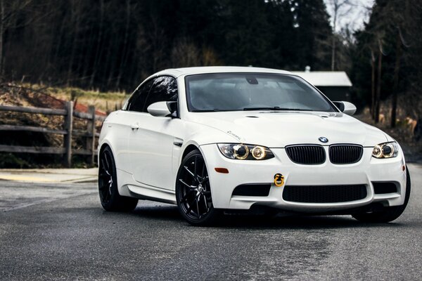 BMW blanco en la carretera en el bosque de otoño