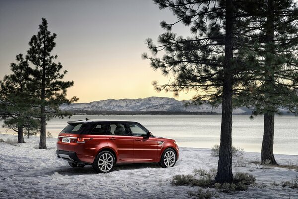 Red land rover in the winter forest