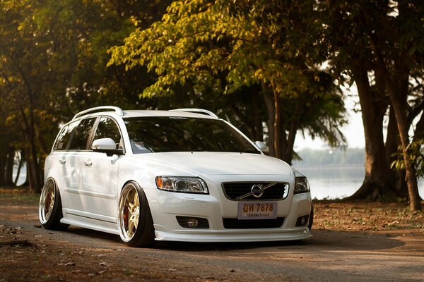 Volvo blanco en otoño