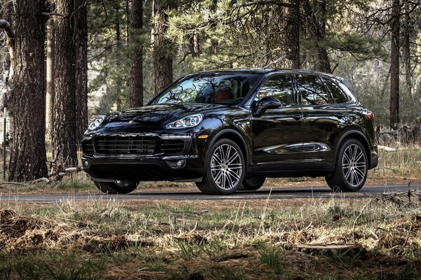 Porsche Cayenne noire chevauche la route forestière