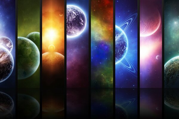 Collage coloré de planètes sur fond sombre