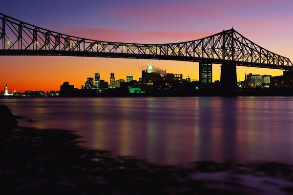 Evening lights of the city on the background of the bridge