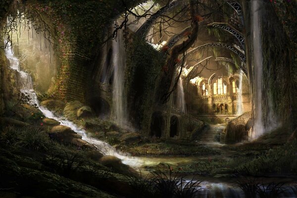 Mysterious ruins, a waterfall enliven a mysterious cave