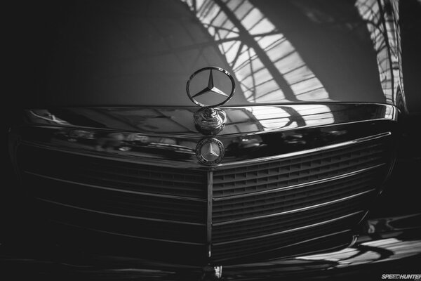 Black and white image of the hood and engine grille of a Mercedes car with the emblem