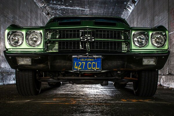 Retro car. green chevrolet