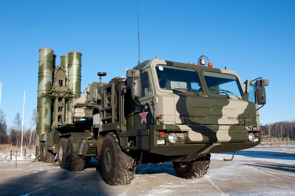 Grey Military Truck with Anti-aircraft Missile System