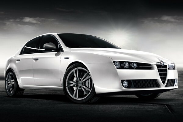 Black and white photo of alfa romeo against the sky