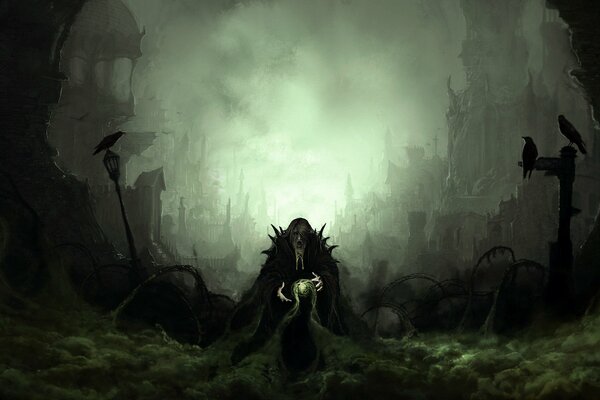 A black sorcerer on an ominous background in the fog