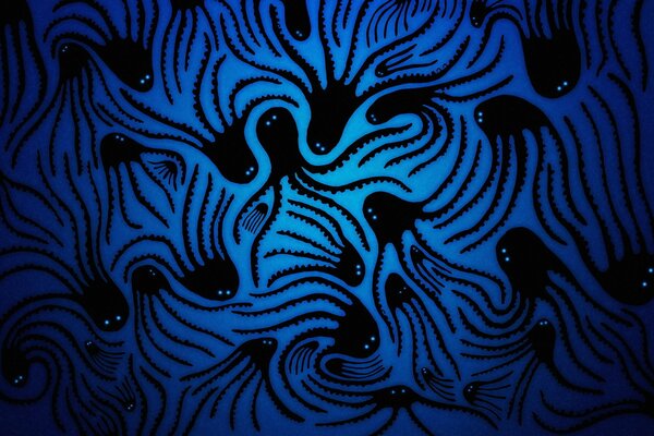 Black octopuses on a neon blue background