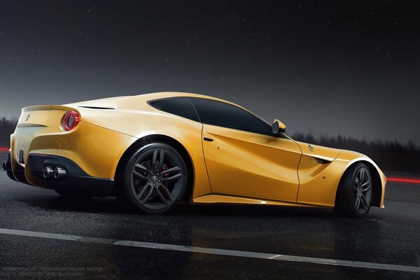 Gelber Ferrari F12 mit schwarzen Felgen auf der nächtlichen Straße