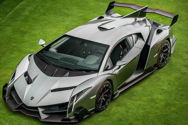 Superdeportivo gris de la marca Lamborghini veneno sobre un fondo verde