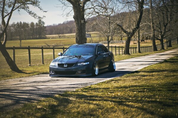 A car on a country road on the background of a field