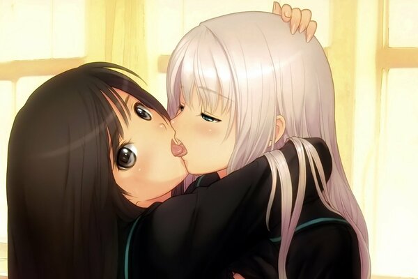 Anime girls kiss on the lips