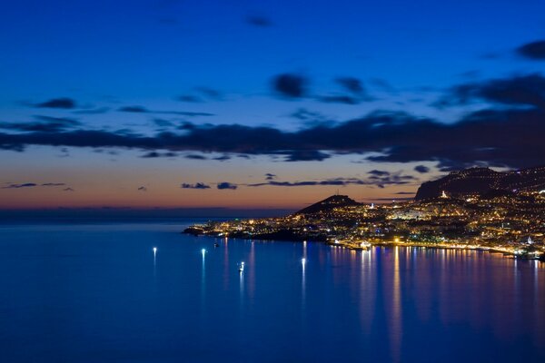 Sunset in the bay with reflecting lights